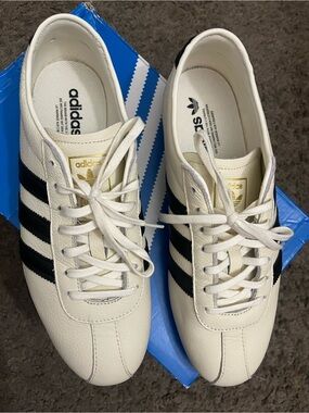 adidas White Sneakers with Black Three-Stripes and Gold Logo